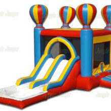 hot air balloon bounce house with two small slides leading to separate pools
